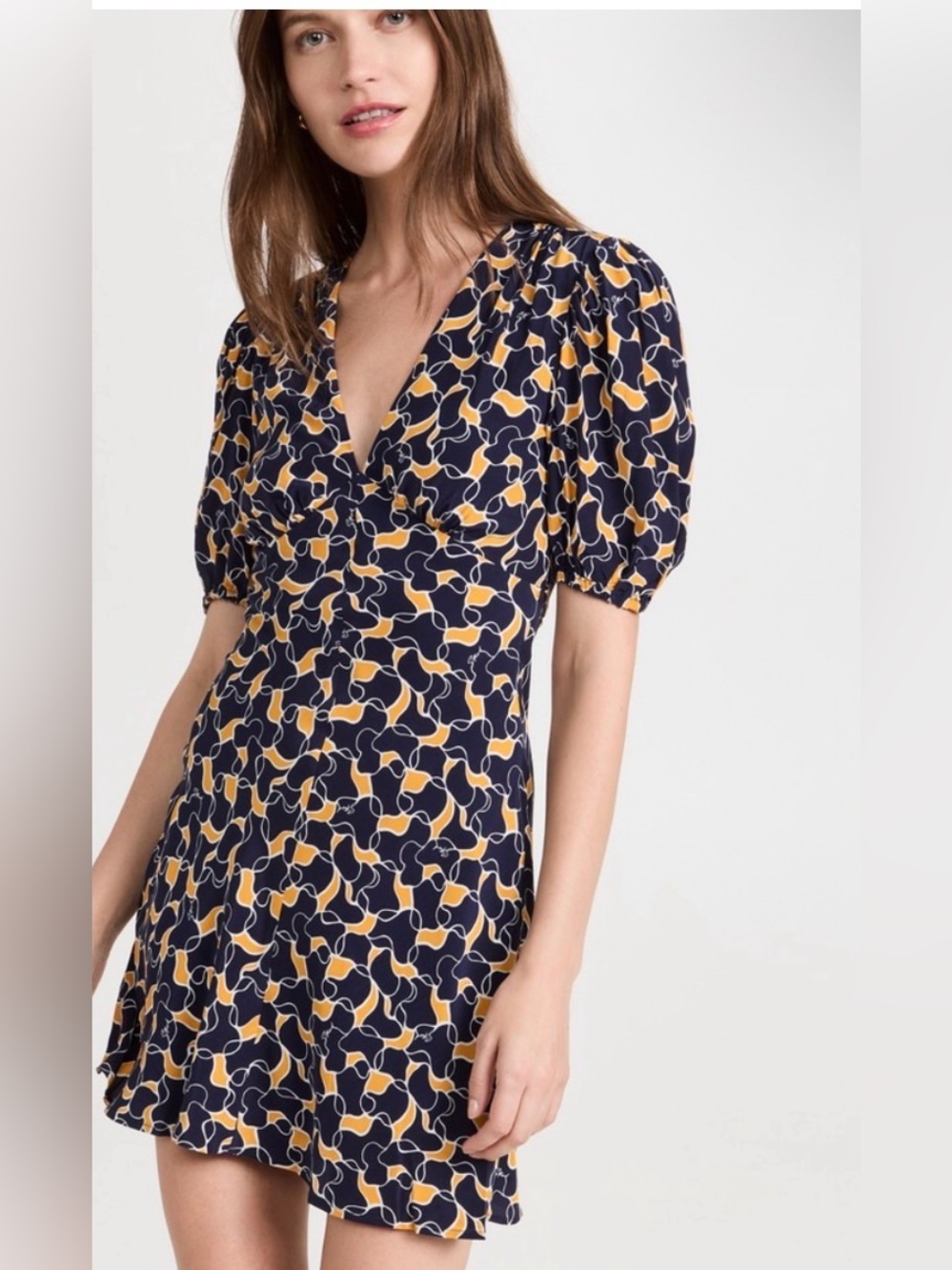 STAUD Mini Milla Dress in Navy Yellow Wave Print . Size 2